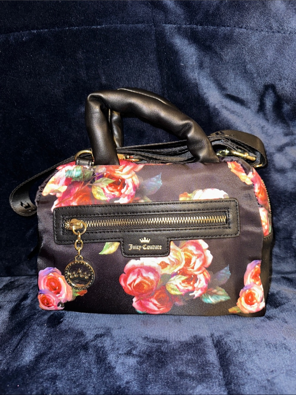 Juicy Couture Black Floral Mini Satchel/Crossbody with Rose Print NWOT